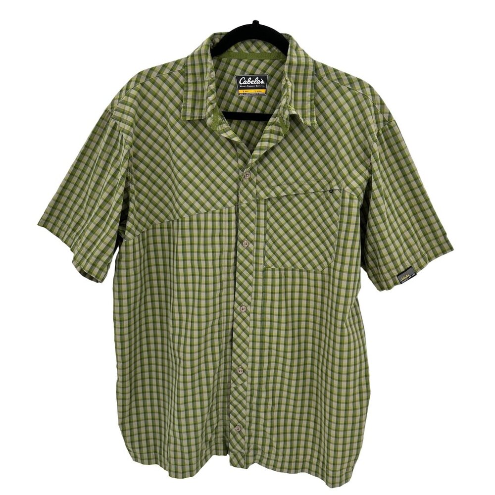 Cabela's Guidewear Mens Short Sleeve Green Plaid Shirt Nylon Size L